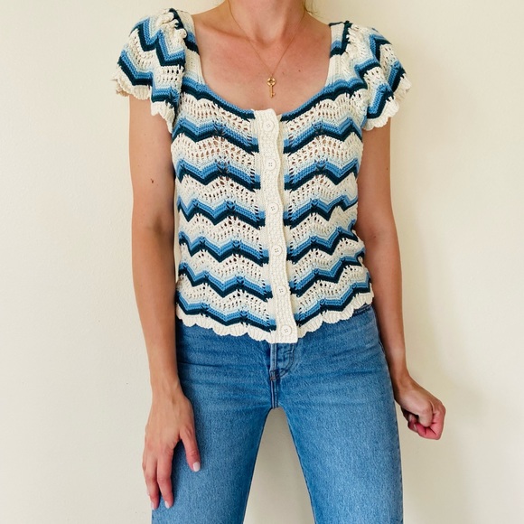 New Broadway 38 crochet knit striped boho button down sweater blouse zigzag top - Picture 3 of 8